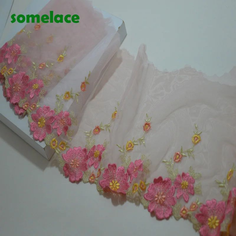 

2Yds/lot 19cm Wide Light Pink Gauze Pink Color Mixed Floral Embroidery Lace Trim For Garments And Wedding Decoration