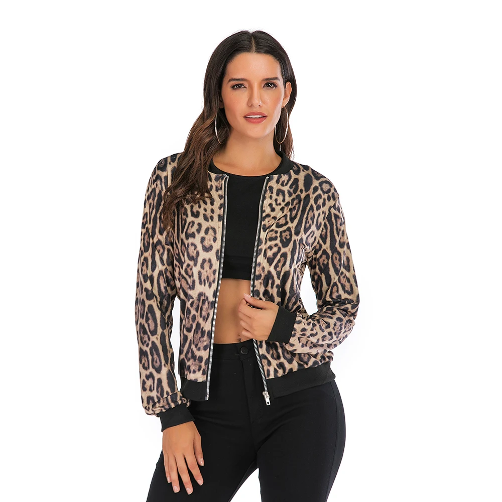 astounding Leopard Gold Stamping Bomber Jacket Women Summer Plus Size Zipper Long Sleeve Coat Female 2019 Shor
