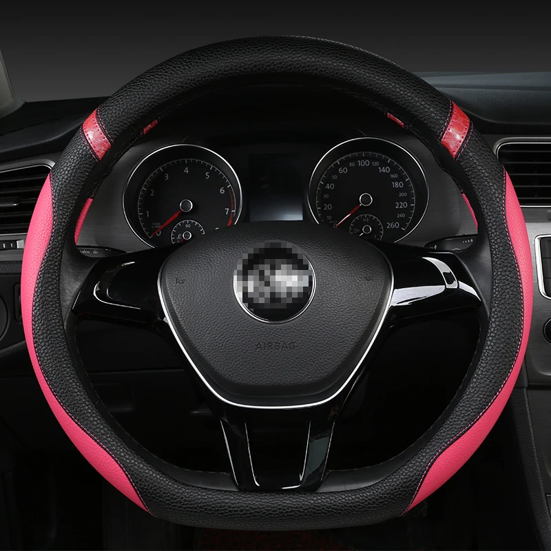

KKYSYELVA D Shape Steering-Wheel Black Auto Car Steering Wheel Cover Leather 38CM wheel cover Interior accessories