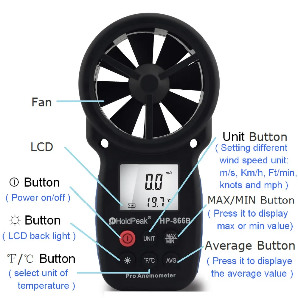 

HoldPeak Anemometer HP-866B Speed Measuring Instruments Tachometer Wind Speed Meter Handheld with Carry Bag Anemometer
