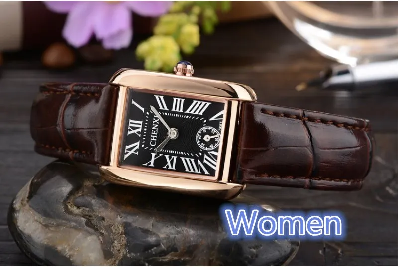 CHENXI Брендовые повседневные парные часы Золотые Квадратные кварцевые рабочие часы с маленьким циферблатом для мужчин и женщин с качественным кожаным ремешком PENGNATATE - Цвет: Women black