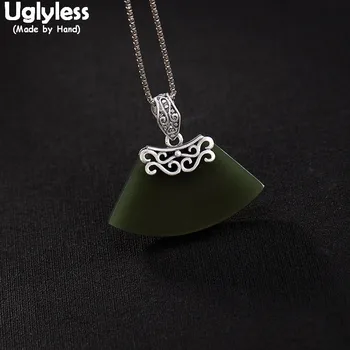 

Uglyless 100% Real 925 Sterling Silver Natural Green Jade Pendants for Women Sector Geometric Fine Jewelry Ethnic Vines Necklace