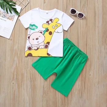 

2019 Fashion Summer Cartoon Giraffe Baby Boys Tops+Shorts Set