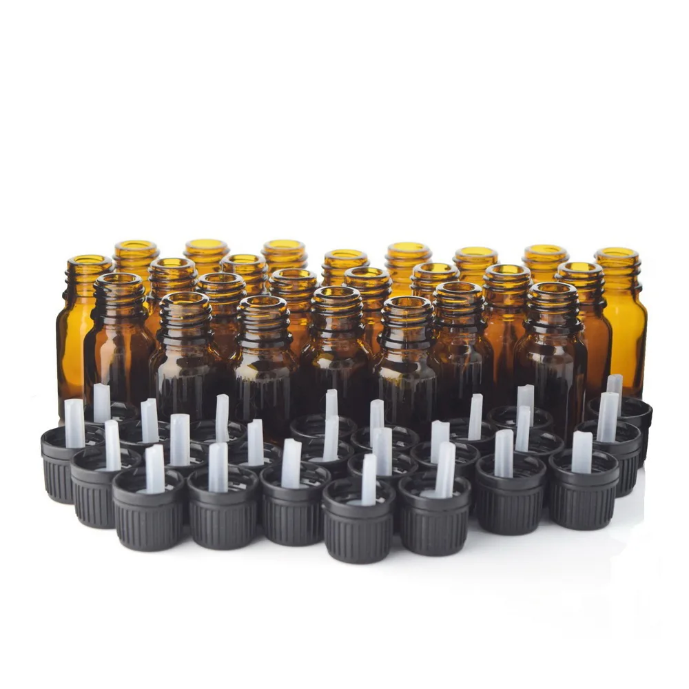 

24pcs 1/3 Oz 10ml Empty Amber Glass Bottle Vials with euro dropper black tamper evident cap for essential oils aromatherapy