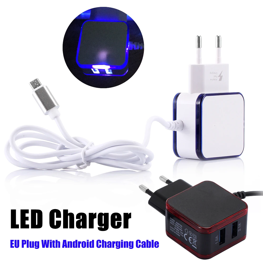 

Led Light Grow Universal Fast Mobile Phone Charger Double USB Port EU Plug Adapter Charging with Android Cable Quick Converter