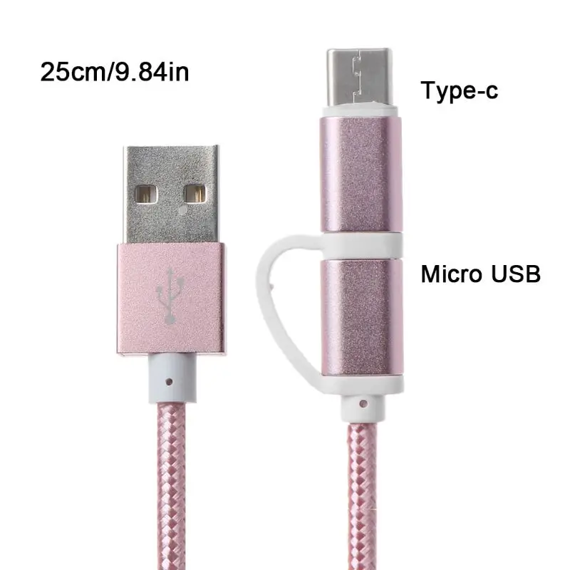 2в1 автомобильный Micro usb type C кабель передачи данных для быстрой зарядки для samsung Oneplus Xiaomi huawei htc SONY Автомобильный Кабель - Название цвета: 25cm Rose gold