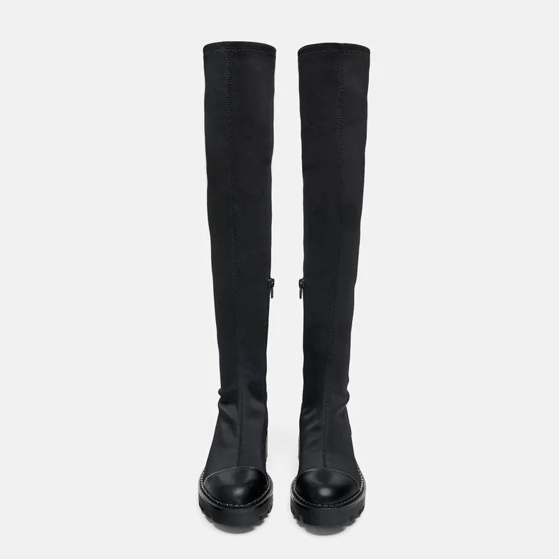 Otoño Patchwork De Chaussure Alta Nueva Negro Elasticidad la Mujer Calzado Mucho Dama Botas Marca Zapatos Rodilla w4d00qI