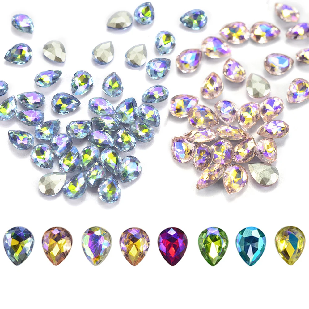 

10PCS Crystal AB Rhinestone Glitter Water Drop Colorful Charm Flame Glass Jewelry Nail Art Silver Back 3D Glitter Decor JI104