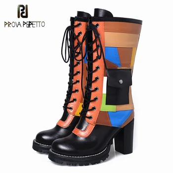 

Prova Perfetto Original Genuine Leather Mixed Color Grid Mid Martin Boot British Style Thickness Bottom Chunky Heel Women Boots