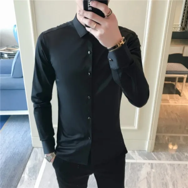 Горячая Распродажа Мужская рубашка Мода Весна новая приталенная деловая рубашка рубашки длинный рукав однотонная универсальная блузка Homme плюс размер 4XL - Цвет: Черный