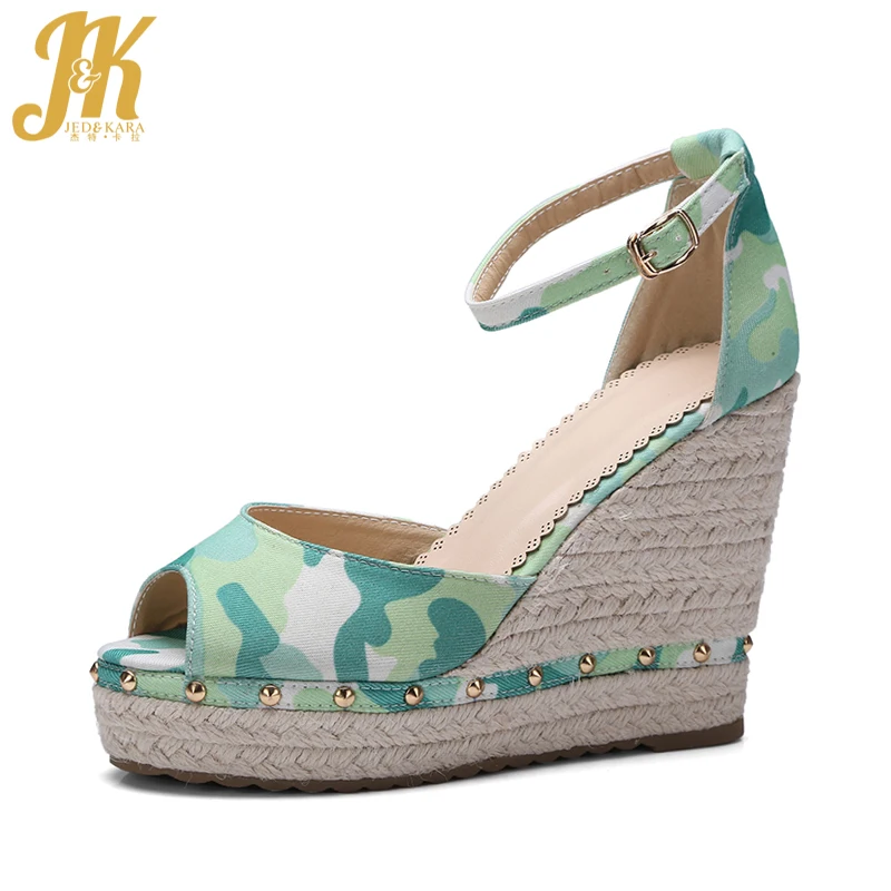 

JK Size 34-39 Hot Style Straw Weave Wedges Sandals for Women High Heeled Platform Peep toe Camouflage Buckle Summer Shoes Woman