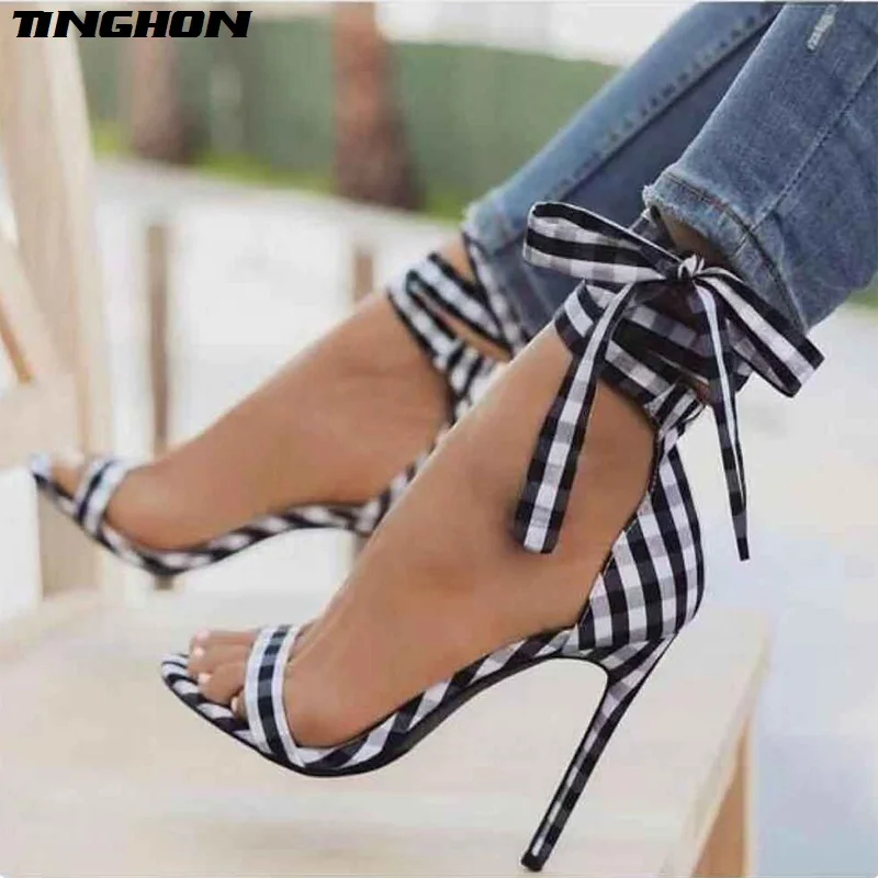 

TINGHON Sexy Scottish Plaid High Sandals Women Cross-Tied Heels Ladies Ankle Strap Lace Up Party Bow High Shoes