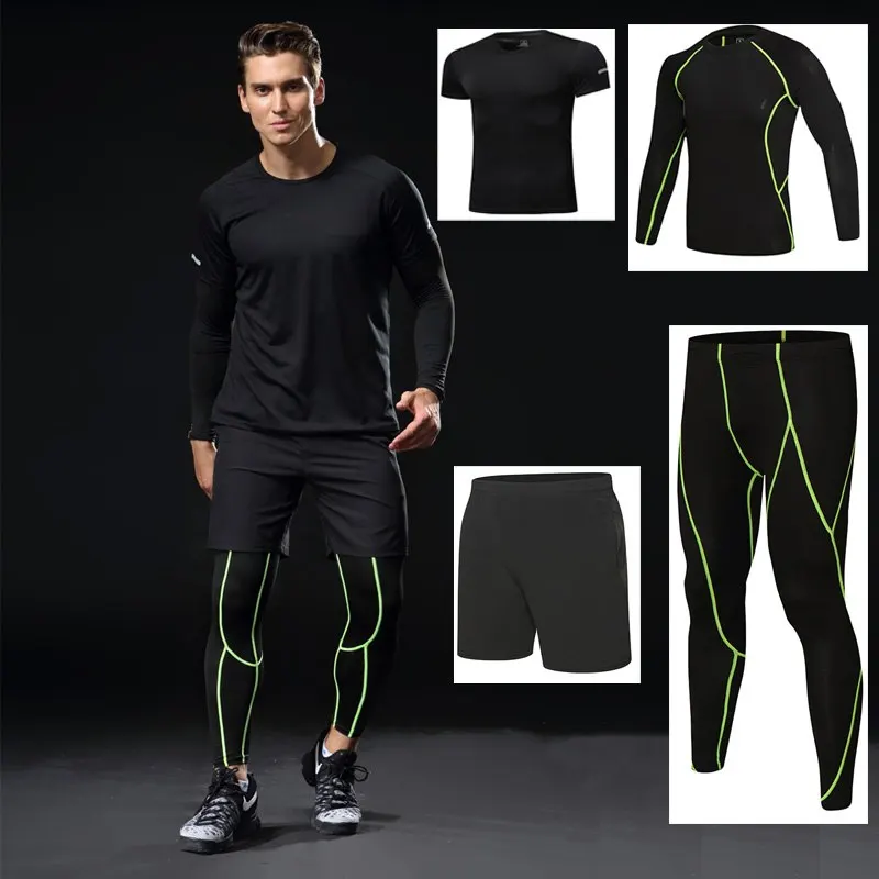 Комплект из 4 предметов, мужские комплекты для бега, компрессионный спортивный костюм для фитнеса, облегающий комплект для бега, футболка, леггинсы, спортивная одежда, спортивные комплекты для спортзала - Цвет: black green