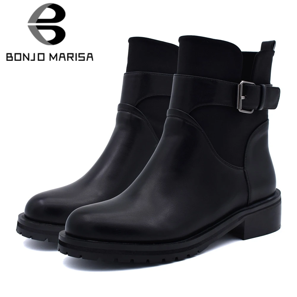 

BONJOMARISA New Boots Belt Buckle Wide Med Heels Round Toe Shoes Woman Casual women's Winter Ankle Boots Big Size 34-42