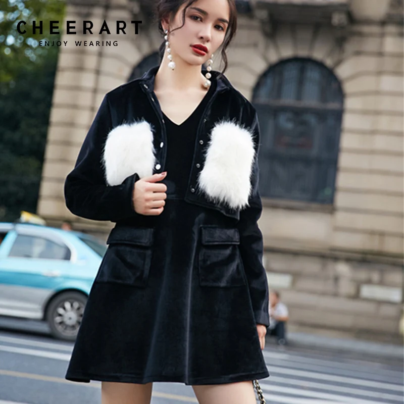 Cheerart 2 Piece Set Women Velvet Leisure Suit Black