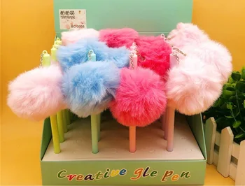 

korea big fluff ball gel ink pen cartoon stationery prize kawaii gift student learning writing pen black neutral pen 40pc/lot