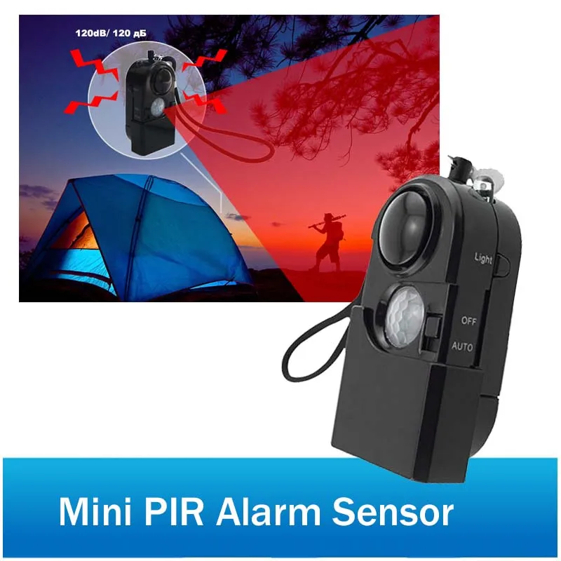 

Protable Mini 120dB Camping Alarm PIR Infrared Motion Detector LED Light Vocation Alarm Security Systems Anti-theft Sensor