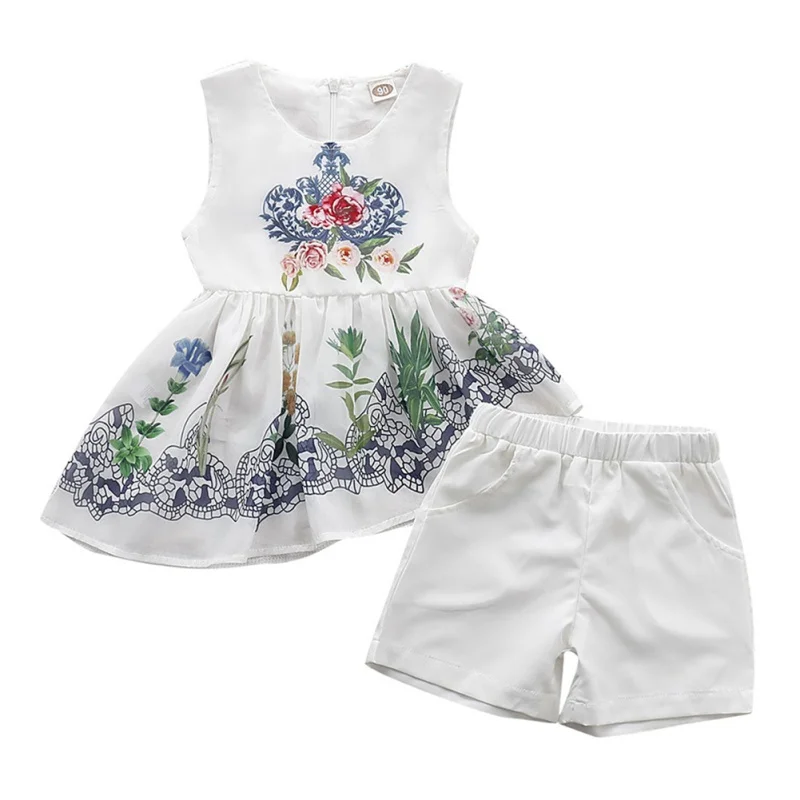 

Floral Sleeveless Cotton Summer Baby Girls Casual Sleeveless Floral Print Irregular T-shirt Dress Tops+Shorts Suits Costume Set