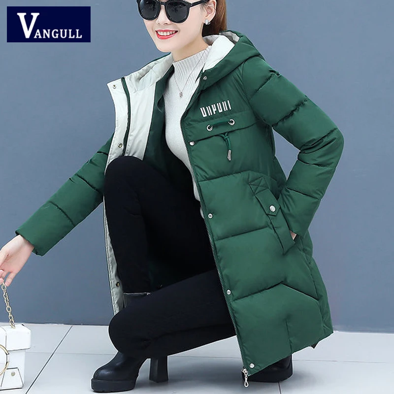 Goedkoop Vangull Winter Vrouwen Parka Casual Lange Mouwen Hooded Jassen 2019 Herfst Warm Brief Print Lange Vrouwelijke Jassen Rits Bovenkleding