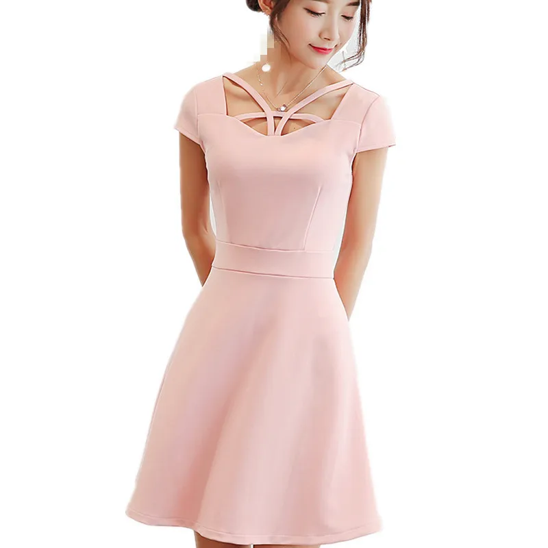 

B2880 2019 new Korean version spring and summer women fashion shows slim and pure color dress cheap wholesale