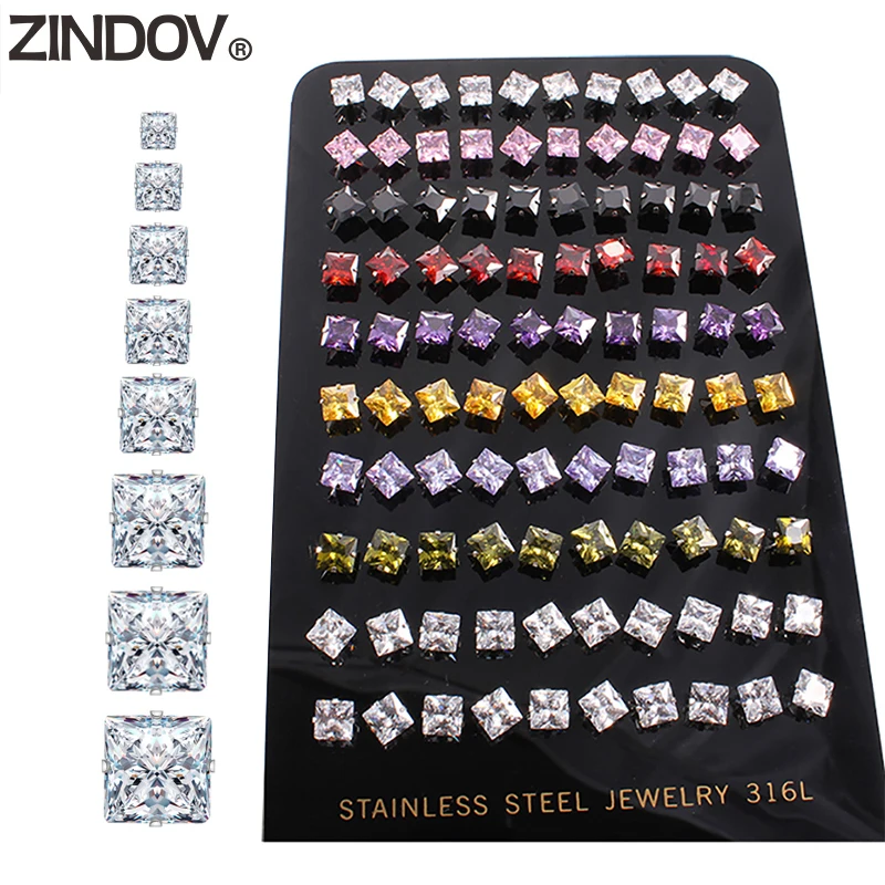 ZINDOV 10 пар/лот, серьги с кубическим цирконием для женщин, мужские, из нержавеющей стали, квадратные, Цветные CZ серьги-гвоздики, мужские, Женские Ювелирные изделия