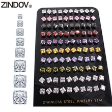 ZINDOV 10 пар/лот, серьги с кубическим цирконием для женщин, мужские, из нержавеющей стали, квадратные, Цветные CZ серьги-гвоздики, мужские, Женские Ювелирные изделия