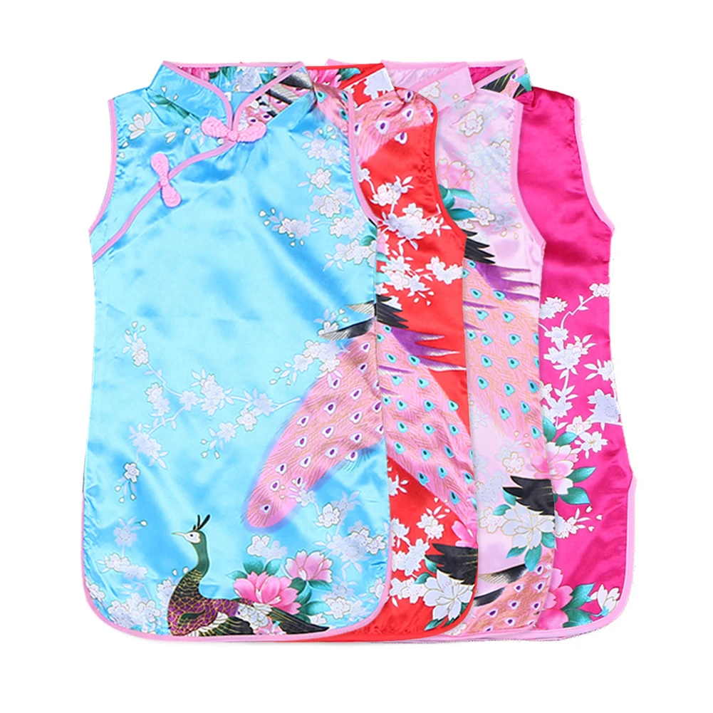 

2-7Y Baby Girl Dress Chinese Traditional Peacock Dress Cheongsam Chinese Qipao Floral Pattern Summer Style Dress