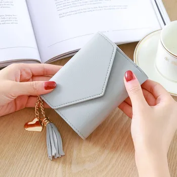 

Arsmundi Mini Women Wallet Top Leather Tassel Pendant Short Wallet Lychee Paper Clutch Female Clip Card Coin Purse Carteira