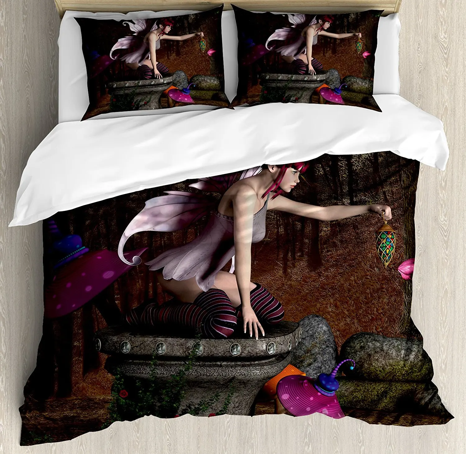 

Fairy Duvet Cover Set Three Dimensional Mythical Creature Design with Magical Artifact on Pedestal Forest 4 Piece Bedding Set