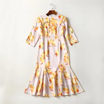 

Women Dresses 2019 High Quality Woman Runway Dress O-Neck Three Quarter Sleeve Printed Casual Dress Vestidos DX0418N