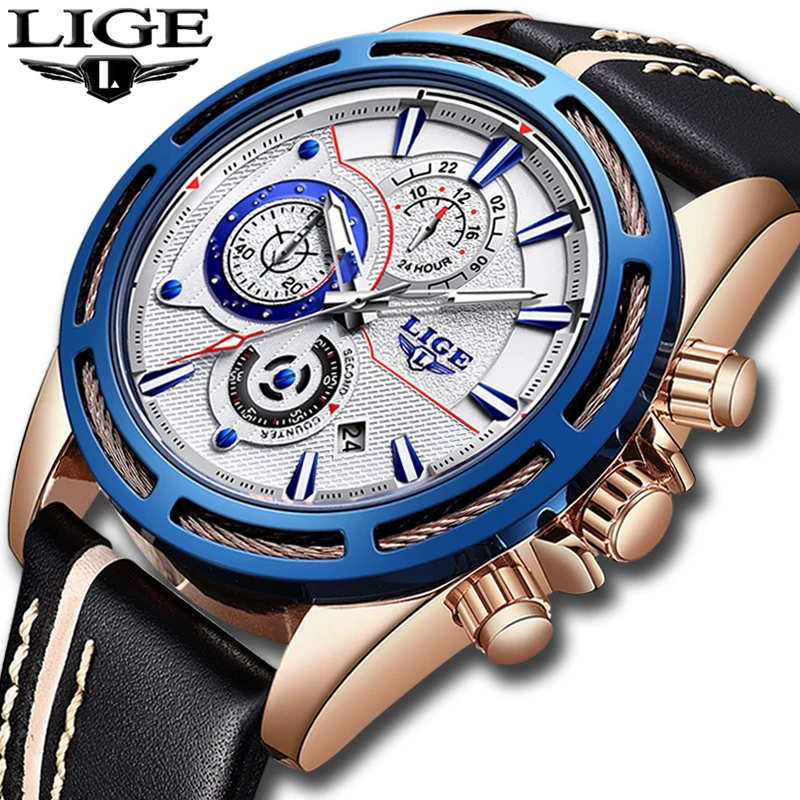 

LIGE men's casual fashion leather military waterproof sports men's watch top brand luxury quartz watch Relogio Masculino
