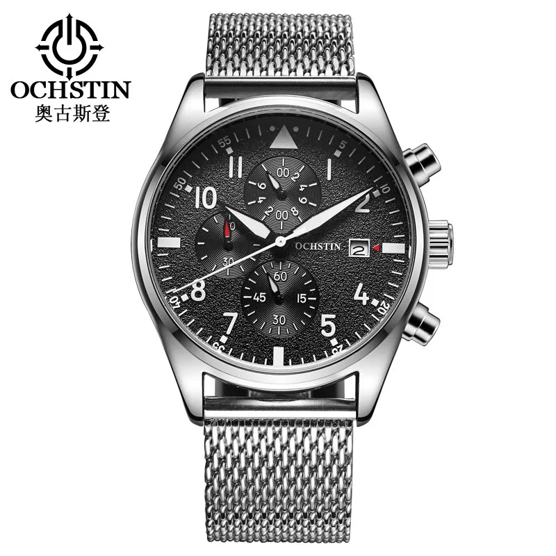 OCHSTIN Мужские кварцевые часы из нержавеющей стали с сетчатым ремешком черные спортивные часы мужские часы с хронографом Топ бренд Relogio Masculino - Цвет: Silver