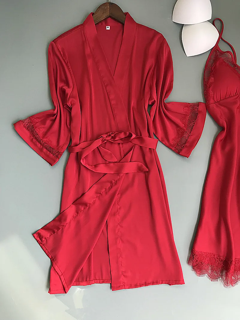 Queenral 2PCS Women Gown Sets Silk Satin Robe Nightgown Set Sleepwear Home Suit Night Sleep Plus Size M-XL Intimate Lingerie 2