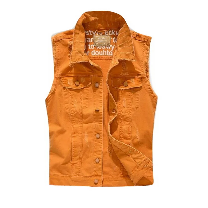 

Men's Fancy Orange Color Slim Fit Ripped Stretch Denim Jacket Fringe Sleeveless Holes Distressed Waistcoat Casual Denim Vest