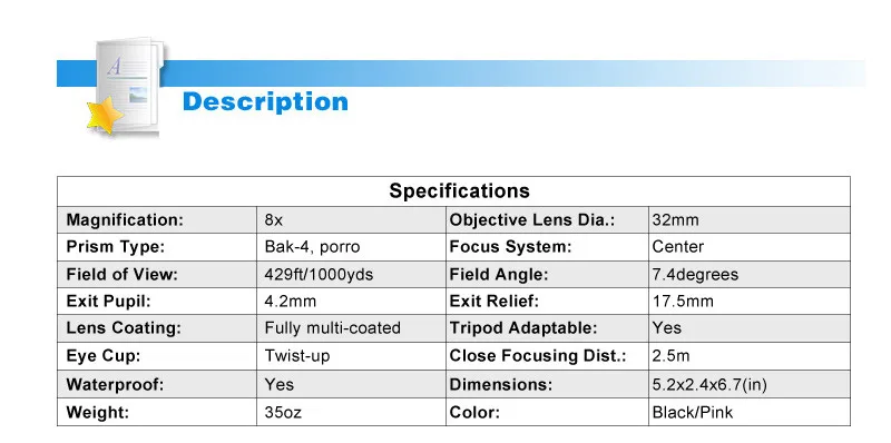 Розовый/черный 8x32 бинокль Eyeskey Porro водонепроницаемый бинокль телескоп Bak4 Призма Оптика Компактный для кемпинга