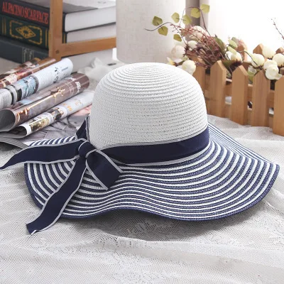 Seioum распродажа, модная шляпа от солнца в черно-белую полоску с бантом, красивая женская Соломенная пляжная шляпа с большими полями - Цвет: 3