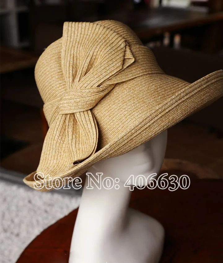 Летняя бумажная Плетеная соломенная шляпа с бантом для женщин с широкими полями, женские шляпы с широкими полями, ELDS007