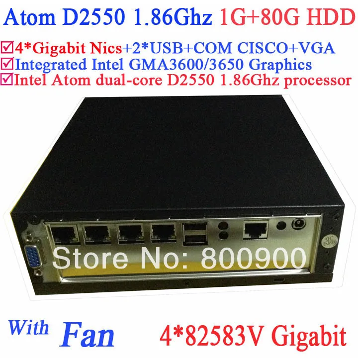 

kleiner pc with Fan Intel Atom dual-core D2550 1.86GHz 4*82583V Gigabit LAN Wake on LAN Watchdog 1G RAM 80G HDD Windows Linux