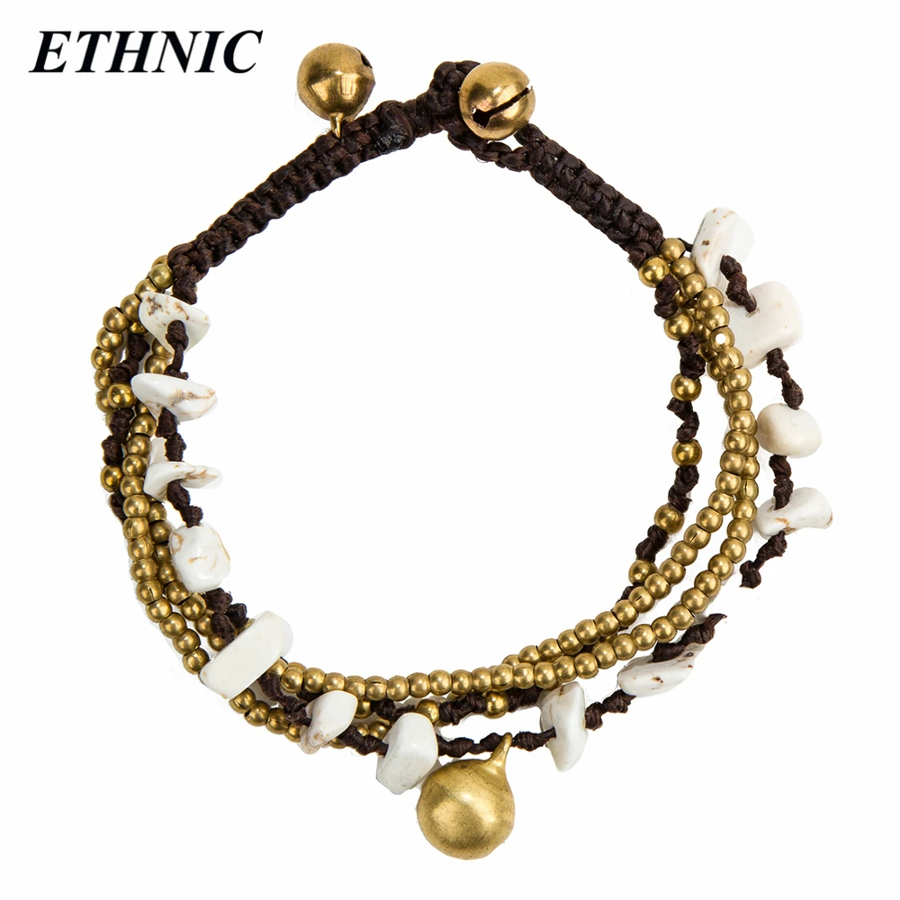 

ETHNIC Brand 2018 Boho White Stone Gold-color Beaded Chain Bell Charm Bracelets for Women Multilayer Fashion A Bracelet