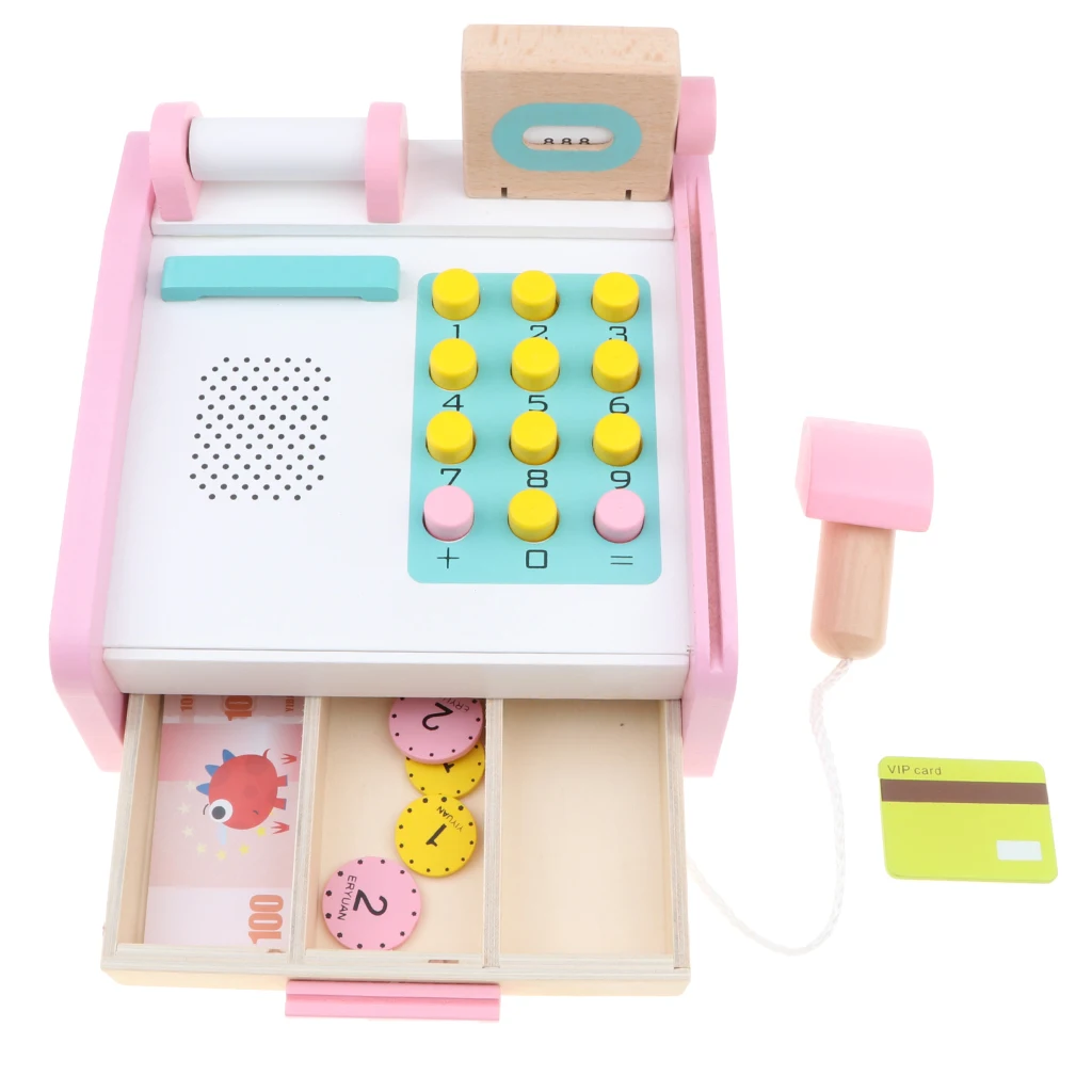 Pink Wooden Cash Register Playset with Assorted Accessories Supermarket Pretend Play Game Boys & Girls Educational Toy