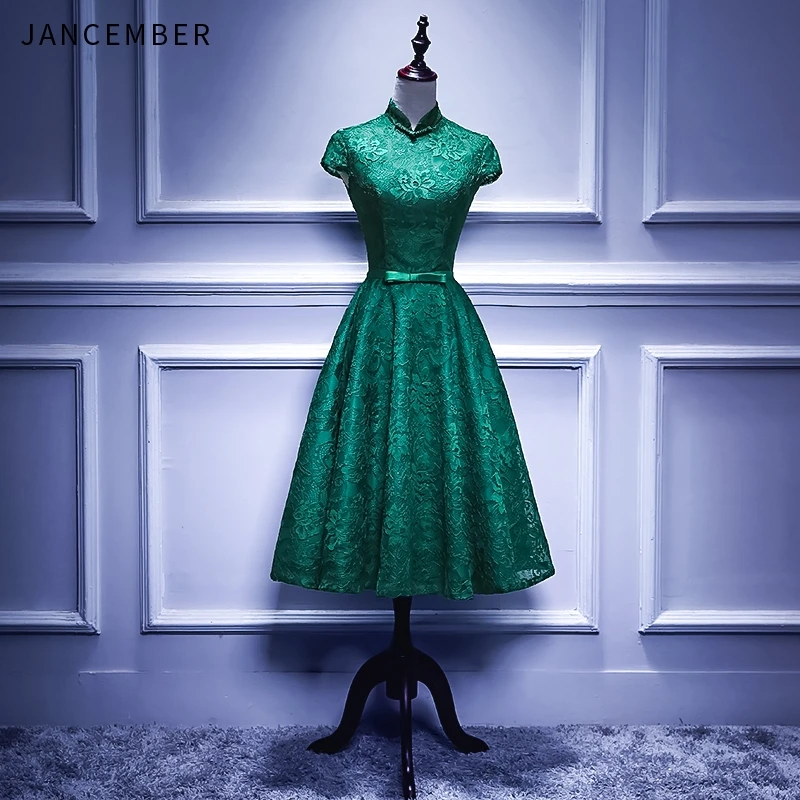 JANCEMBER Короткие коктейльные платья темно-зеленые кружева молния для высокого воротника сзади Элегантное короткое платье трапециевидной