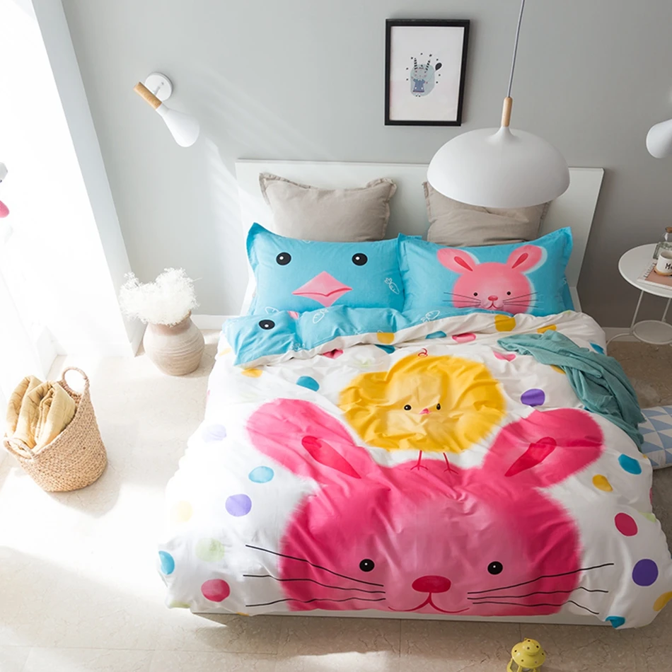 Cute cartoon rabbit print duvet cover set cotton duvet cover blue bed