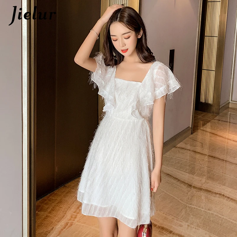 Jielur шифоновое платье дамы Европа квадратный воротник короткий рукав рюшами Ретро повседневное для женщин белые платья корейский Harajuku роковой