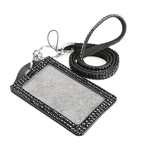 

Rhinestone Crystal Work Card ID Case Holder Lanyard Sling (Black)