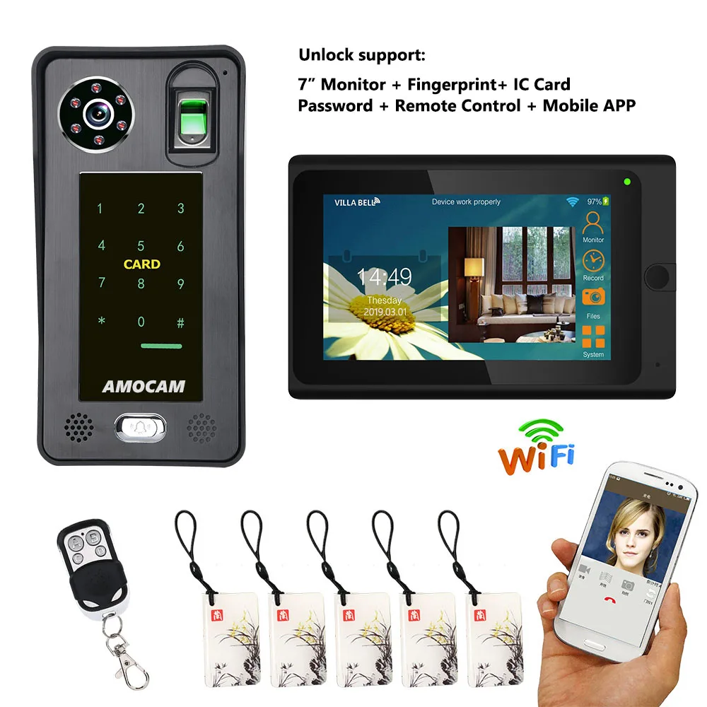Best 7 #039; #039; Touch Screen Wired Wifi Fingerprint RFIC Card Password Video Door Phone Kit 1000TVL Camera Video Doorbell Intercom System