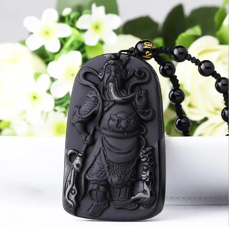 

China 100% Natural Obsidian stone Guan Gong Guan Yu Pendant Necklace Amulet