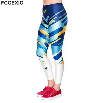

FCCEXIO 2019 New Women Fitness Leggings Workout Leggins Sexy Legging Slim High Waist Retro Stripes Navy Print Fashion Punk Pants