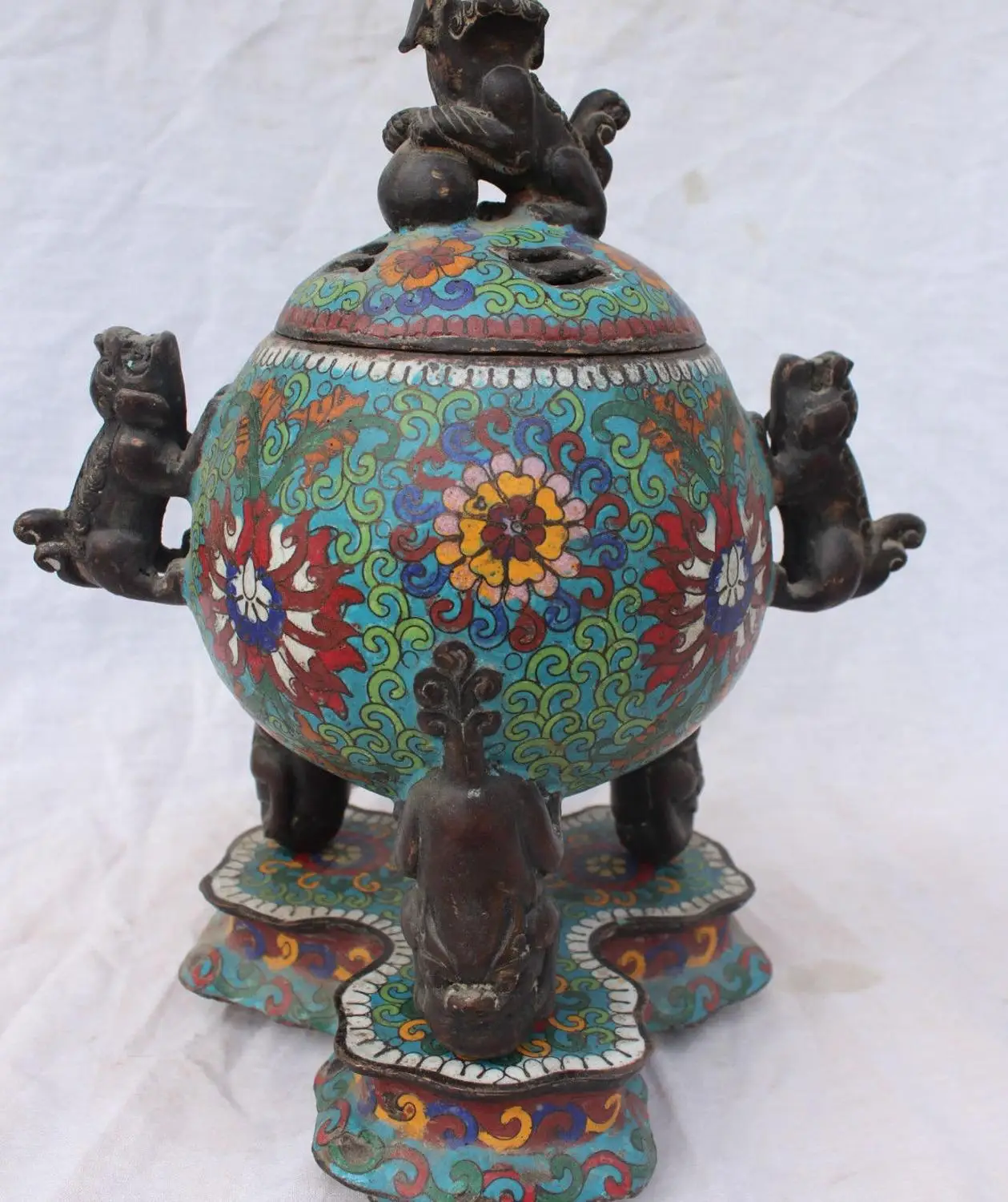 

12" Marked Bronze Cloisonne Enamel Foo Fu Dog Ball Lion Incense Burner Censer