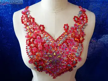 

A140 Free shipping Handmade red crystal patches sew on Rhinestones applique with stones sequins beads 35*24cm for top dress