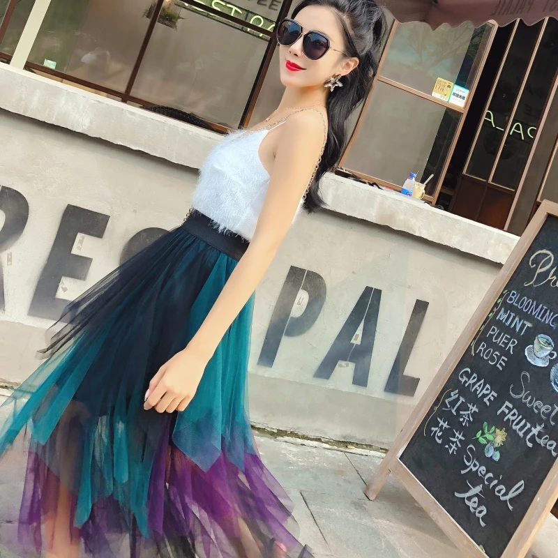 TingYiLi Корейская юбка из тюля Женская длинная юбка асимметричная юбка макси